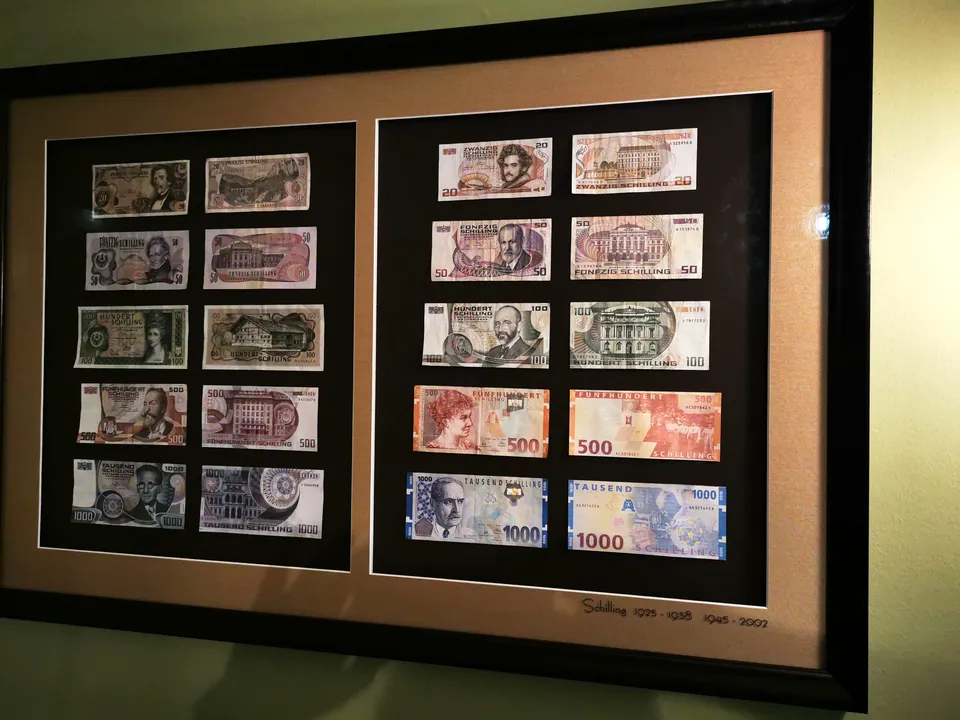 Sammlung österreichischer Schilling-Banknoten 1925–2002 mit Doppel-Passepartout und Beschriftung