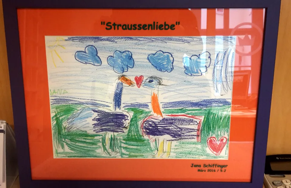 Kinderzeichnung „Straussenliebe“ mit orangem Passepartout in dunkelblauem Rahmen