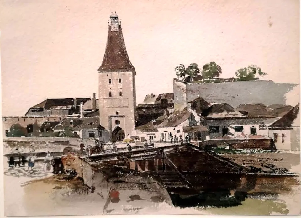 Aquarell eines Torturms mit Brücke – Beispielbild für die Rahmen-Probe